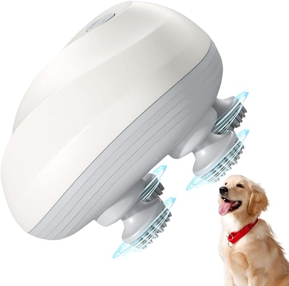 Pet Massager Three Modes 1200mAh Waterproof Electric Cat Massager for Indoor Cats and Dogs with 4 Rotatable Massage Heads Scalp Relieving Tight Muscles, Stress and Stiffness (White) Scalp