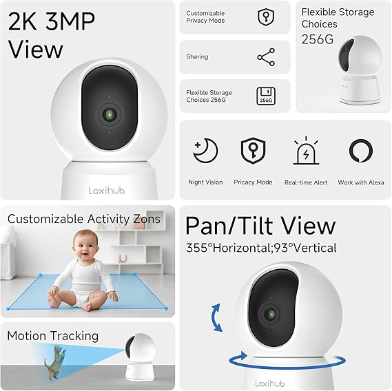 LAXIHUB Pet Dog Cameras with App,2K 3MP Indoor Security Camera for Baby Cat Puppy Nanny,360°Pan